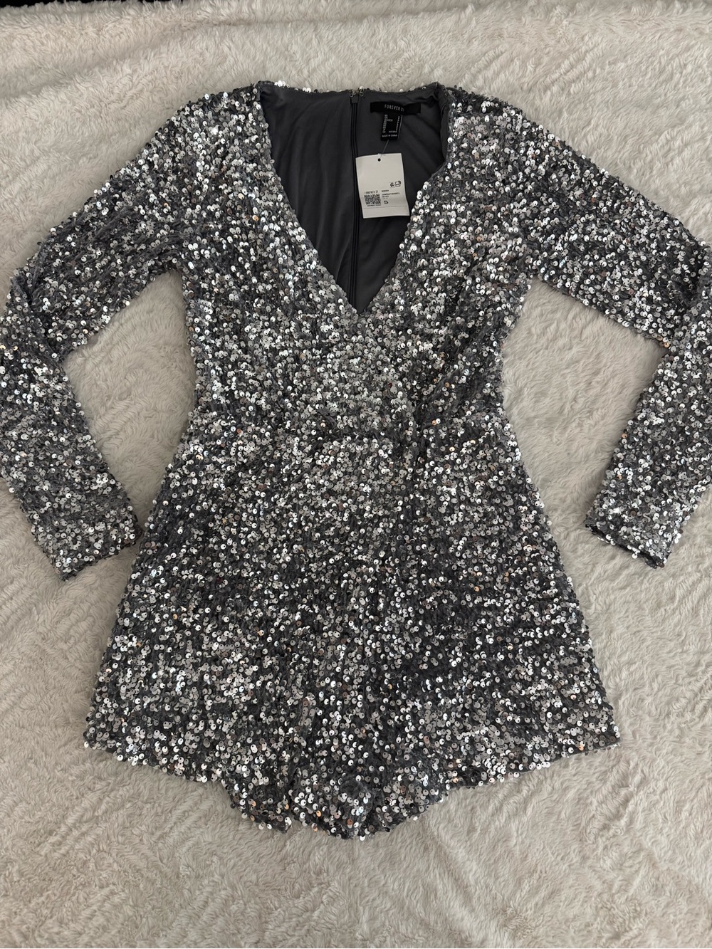 Silver Sequin V-Neck Long-Sleeve Shorts Romper